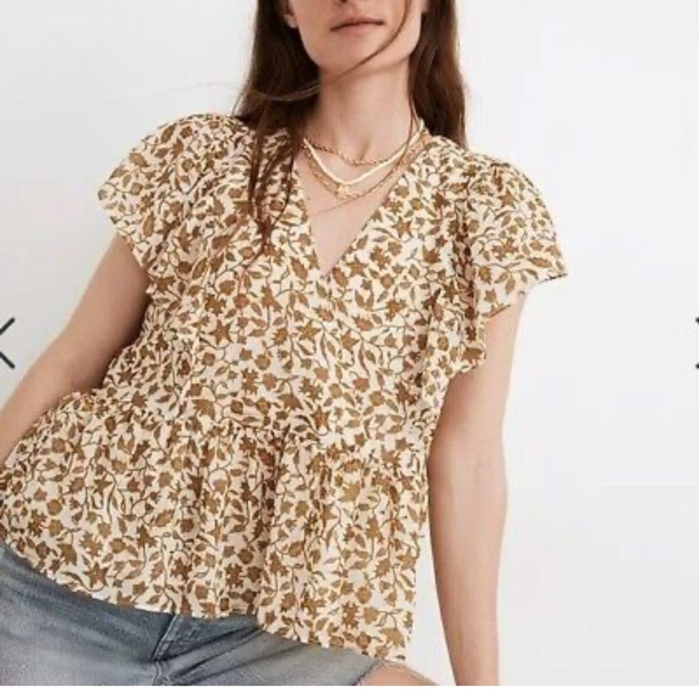Madewell Georgette Flutter-Sleeve Peplum Top in Batik Vine